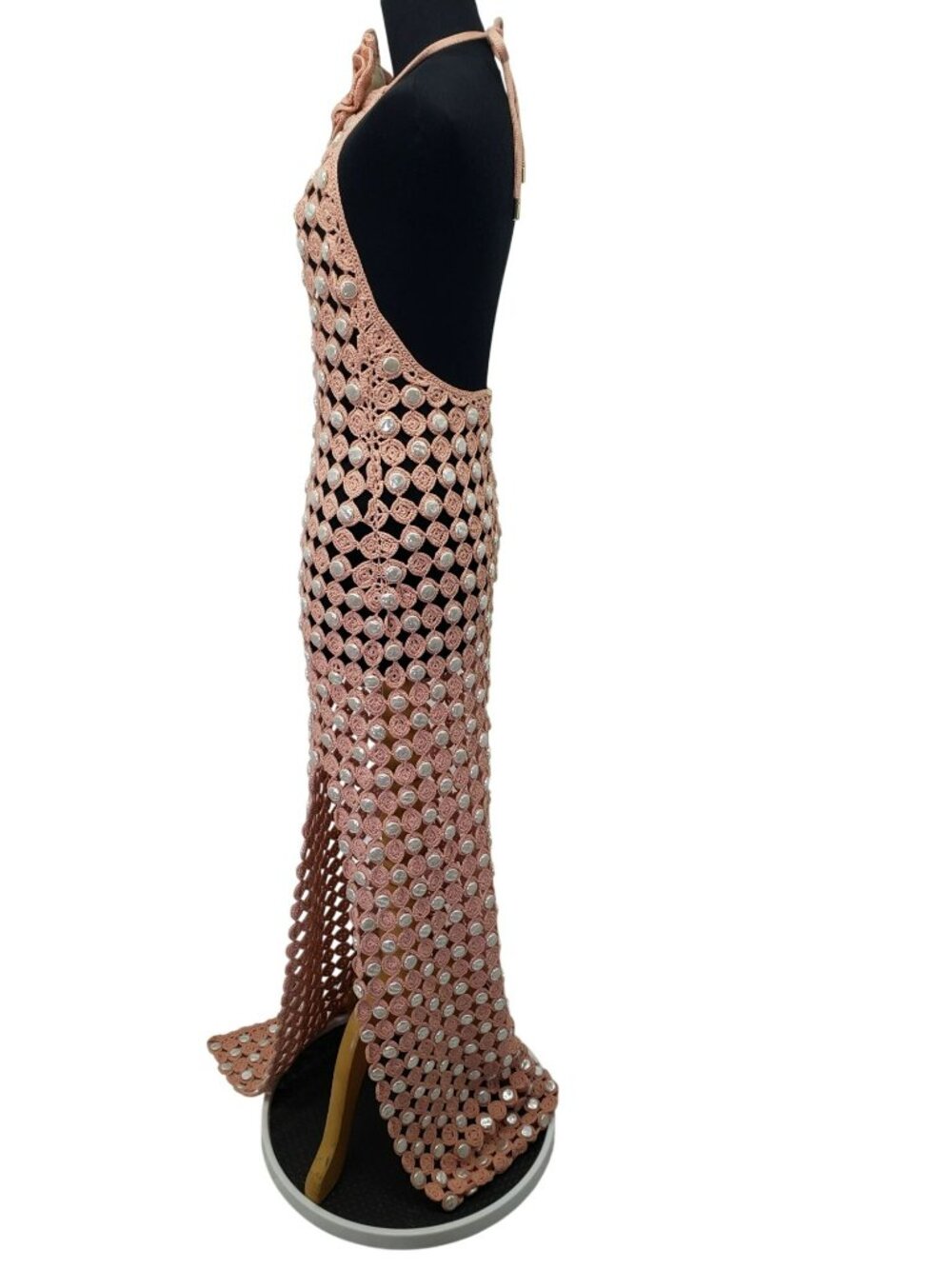 Toccin Pink Crochet Faux Mother of Pearl Button Rosette Halter Maxi Dress - Picture 13 of 15